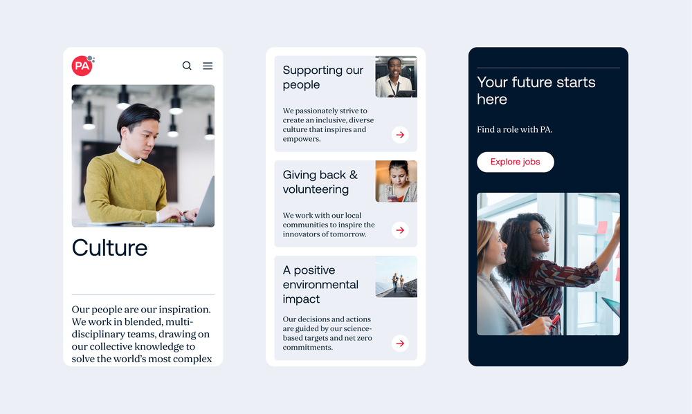 Mobile designs for three sections of the ‘Culture’ page.