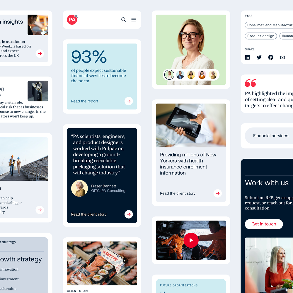 Collage of modules shown in previous images including quotes, carousels, client story cards, impact cards, menus, images, tags, and video players.