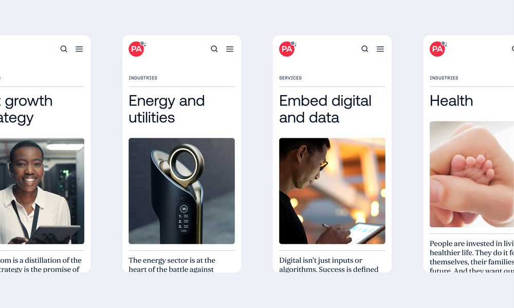 Mobile designs for four pages related to PA Consulting’s work in different industries.